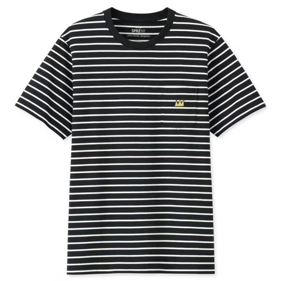UNIQLO x Jean Michel Basquiat SPRZ NY Pocket Tee Crown Striped Black White - Lrg - Picture 1 of 10